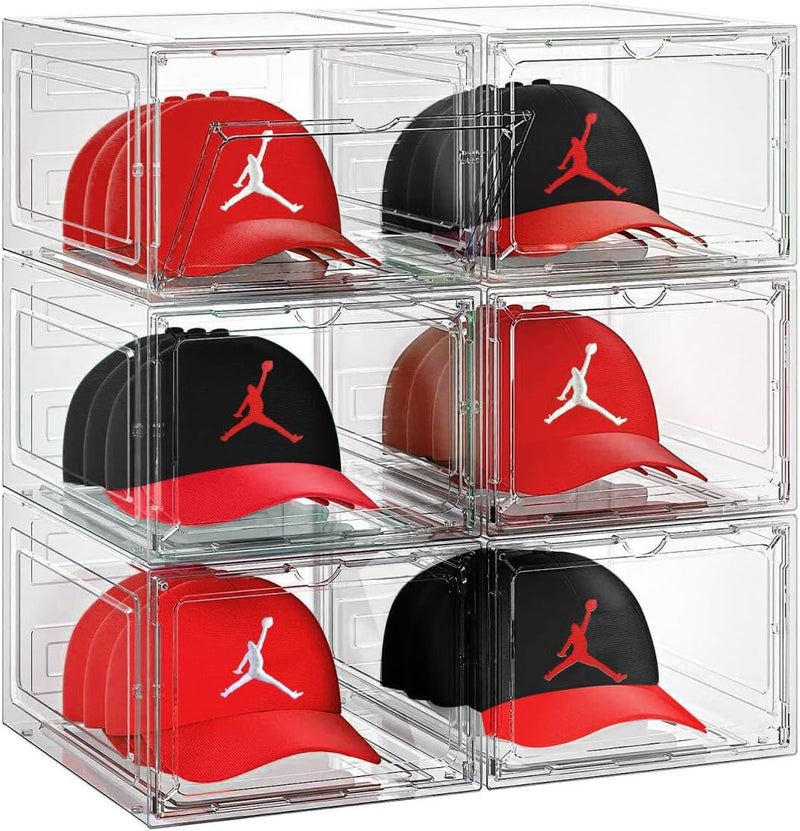 SCAVATA 6 Pack Hat Organizer Box, Stackable Clear Baseball Caps Holder Box Containers with Magnetic Door for Hats Snapback Cap Storag, Hat Rack Display Case, Holds 8 Hats Each (Clear) - Image 1